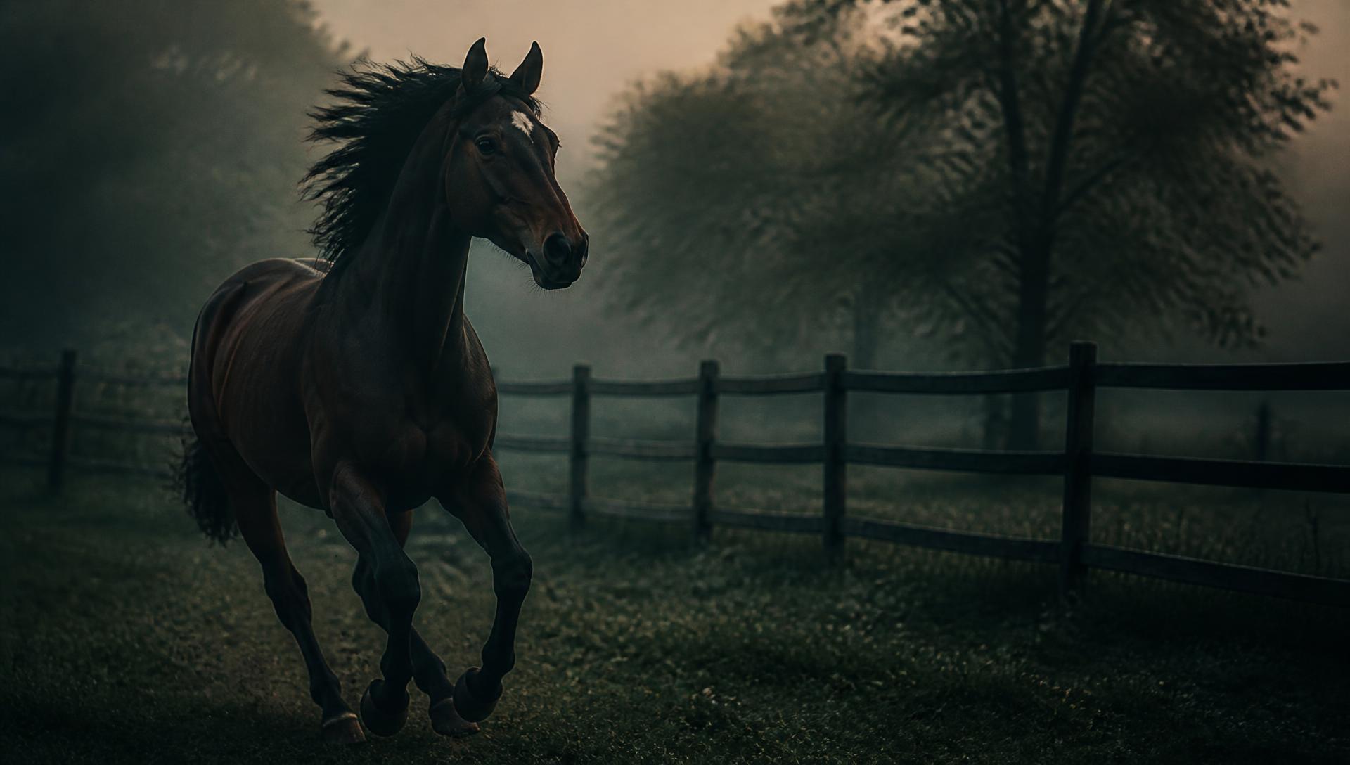 A dark bay sport horse cantering at liberty in a misty paddock at dawn